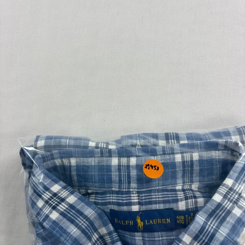 Polo Ralph Lauren Linen Shirt Mens 4XB Big Blue Plaid Button Up Beach NEW